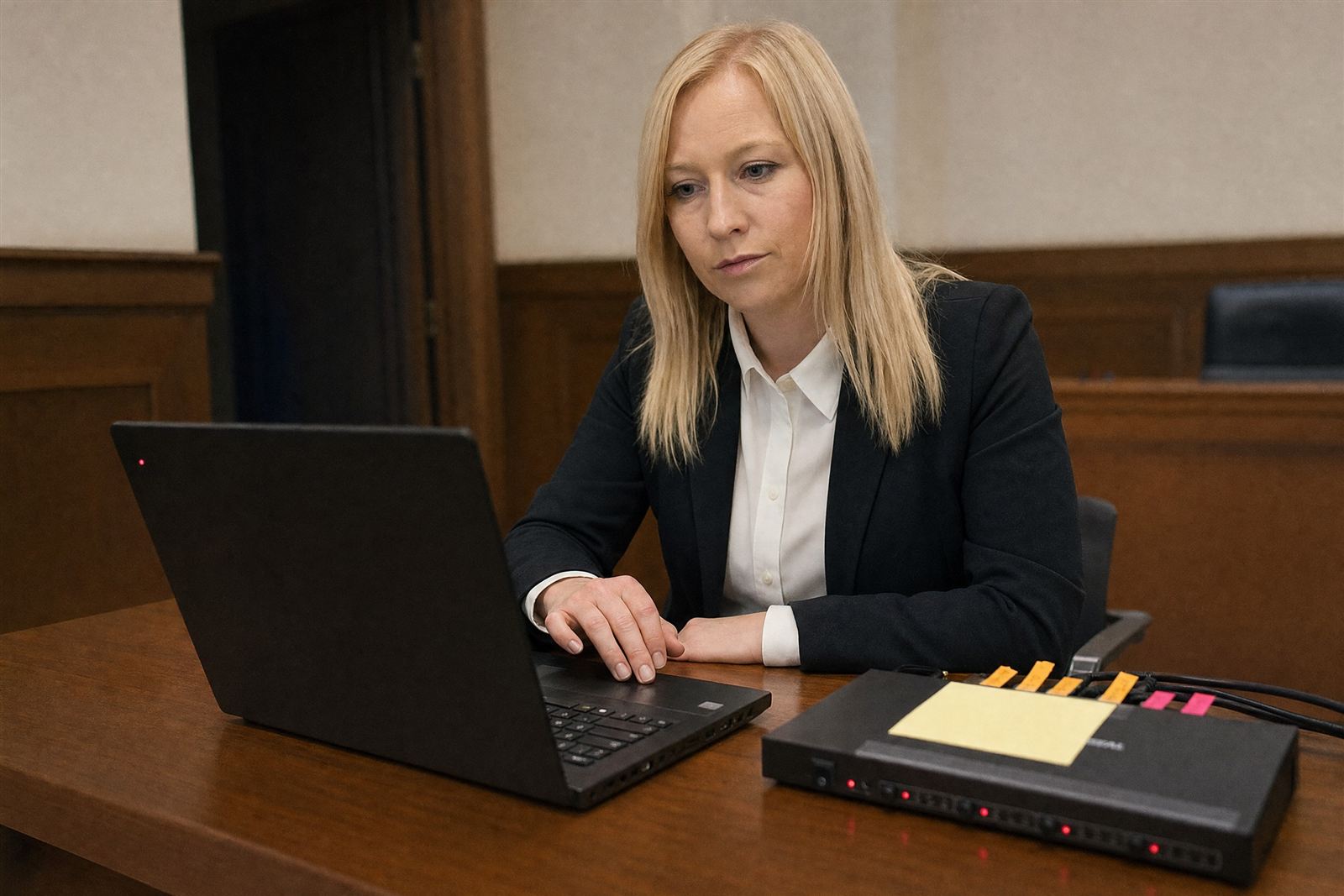 Specialist inspecting a courtroom before trial